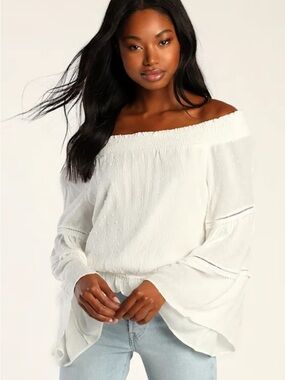 Lulus Sunny Story Lace Bell Sleeve Off-the-Shoulder Top